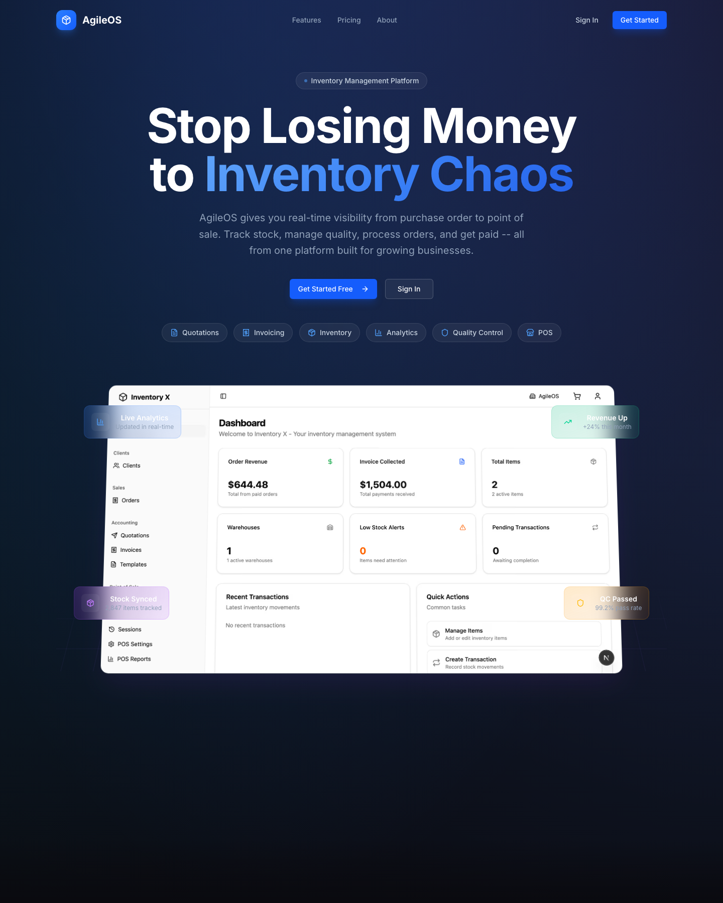 AgileOS inventory management and POS platform homepage