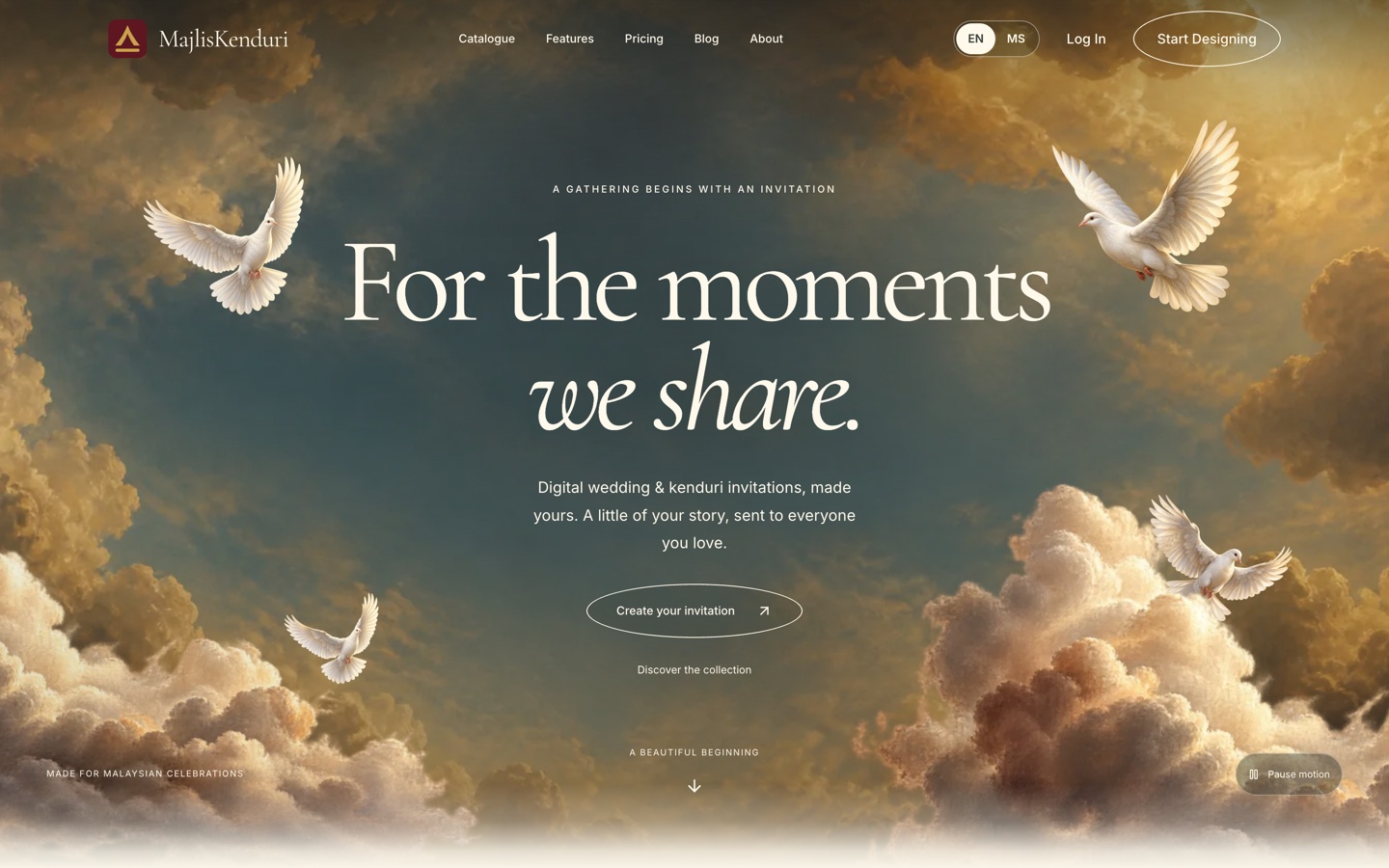 MajlisKenduri homepage hero — "For the moments we share" over a golden sky with doves