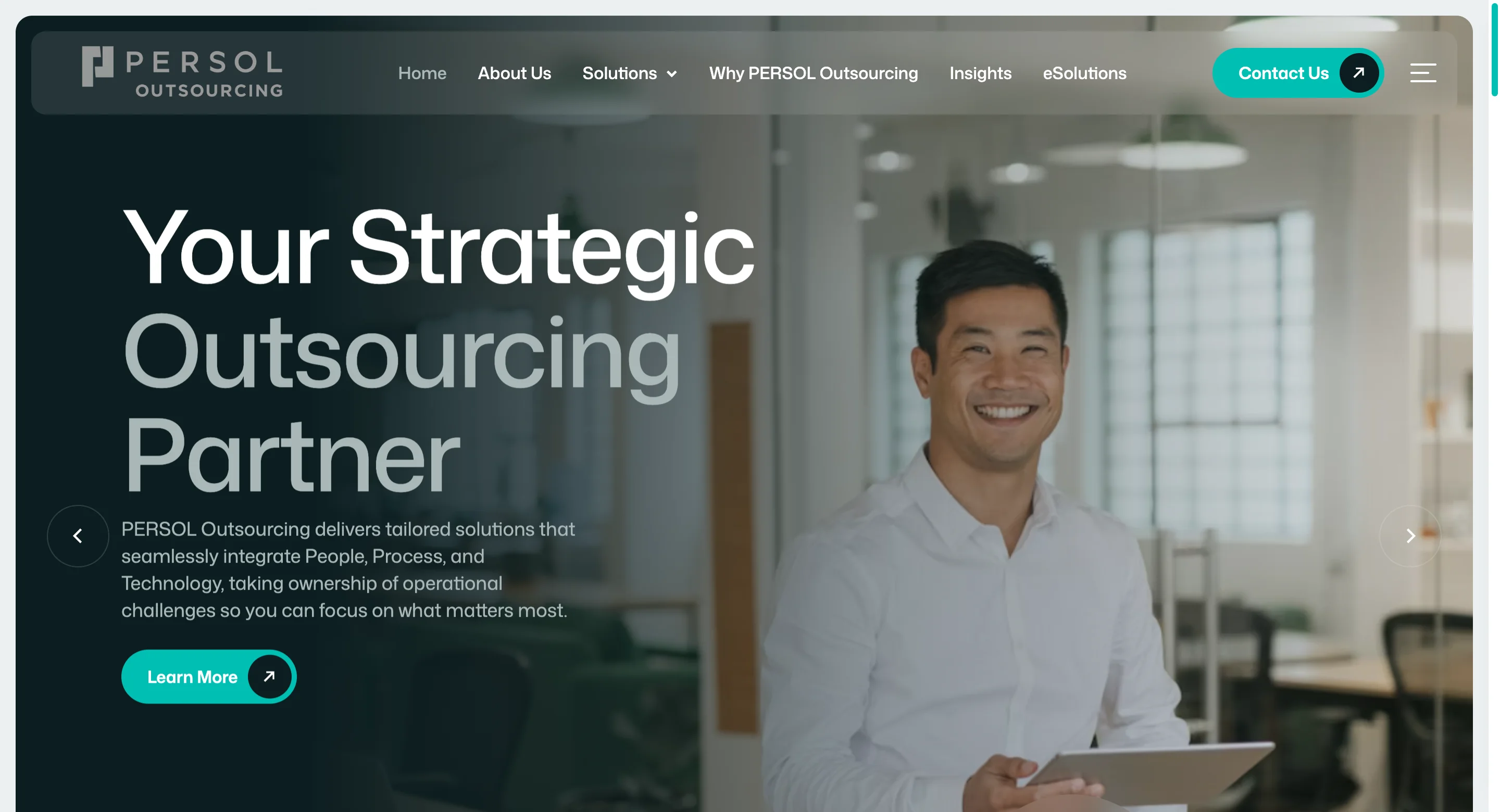 PERSOL Outsourcing homepage hero, "Your Strategic Outsourcing Partner"
